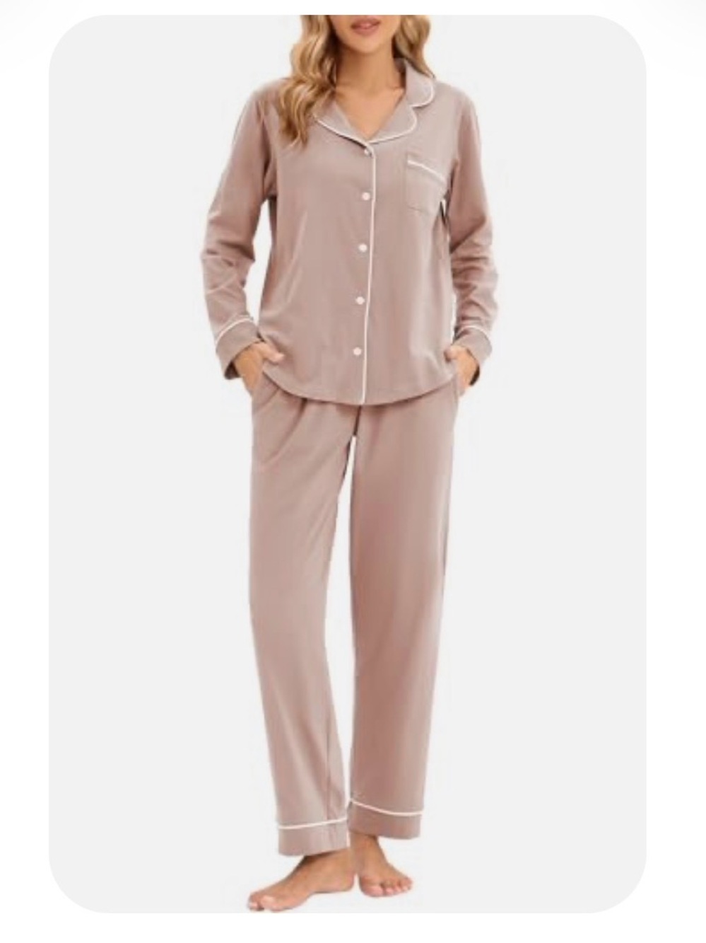 Women's Classic Piped Two-Piece Pajama Set - Taupe